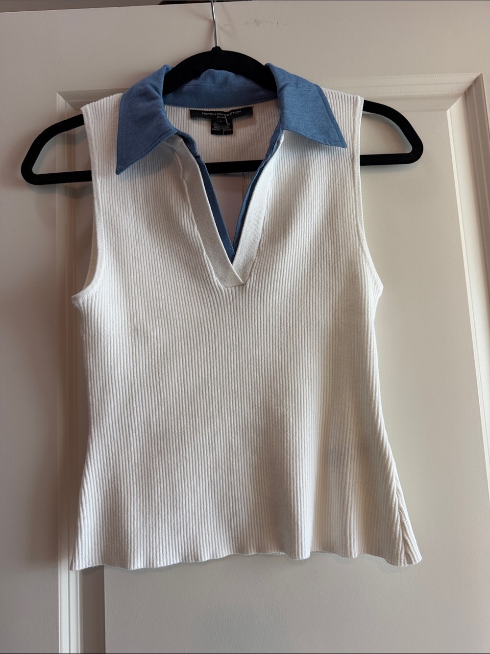 French Connection White Ribbed Sleeveless Polo Tank with Blue Collar